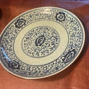 Vintage Asian shallow bowl  blue and gray  Heavy 16”
